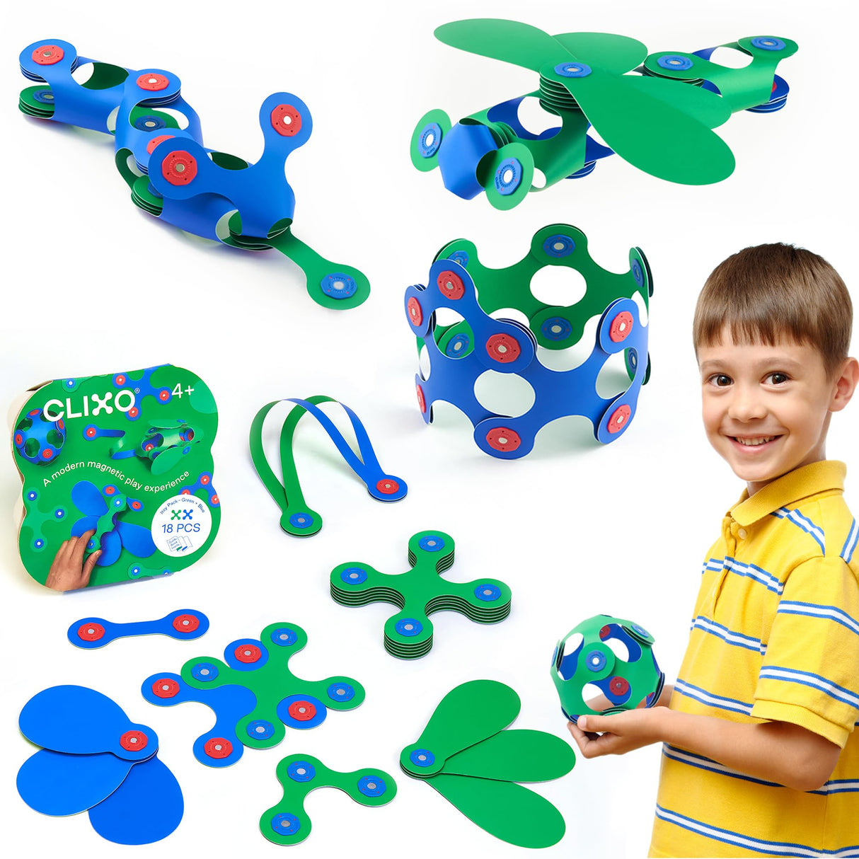 Clixo Itsy Pack Blue/Green - Magnetic Toy for Kids - Flexible, Durable, Imagination-Boosting Magnet Building Toy. Educational Multi-Sensory STEM Experience. Great as a Travel Game. Ages 4-99. 18 Piece Pack