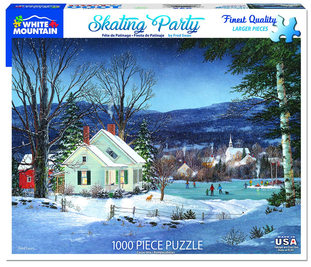 White Mountain Skating Party Winter Puzzles 1000 Pieces Scenic Jigsaw Puzzle for Adults and Family