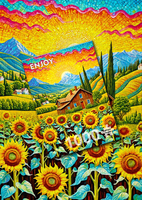 1000 Pieces Jigsaw Puzzle – House with Sunflower Garden in Mountains Landscape – by ENJOY Puzzle - image 4
