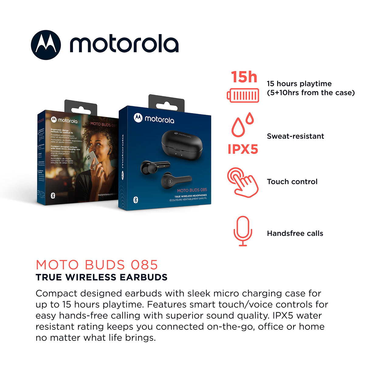 Motorola - Motobuds 085 In Ear True Wireless Bluetooth Earbuds - Black