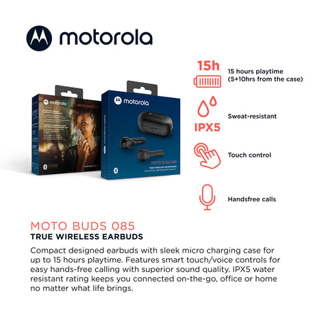 Motorola - Motobuds 085 In Ear True Wireless Bluetooth Earbuds - Black