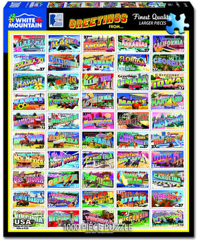 Jigsaw puzzle box with colorful illustrations of U.S. states and White Mountain Puzzles branding.