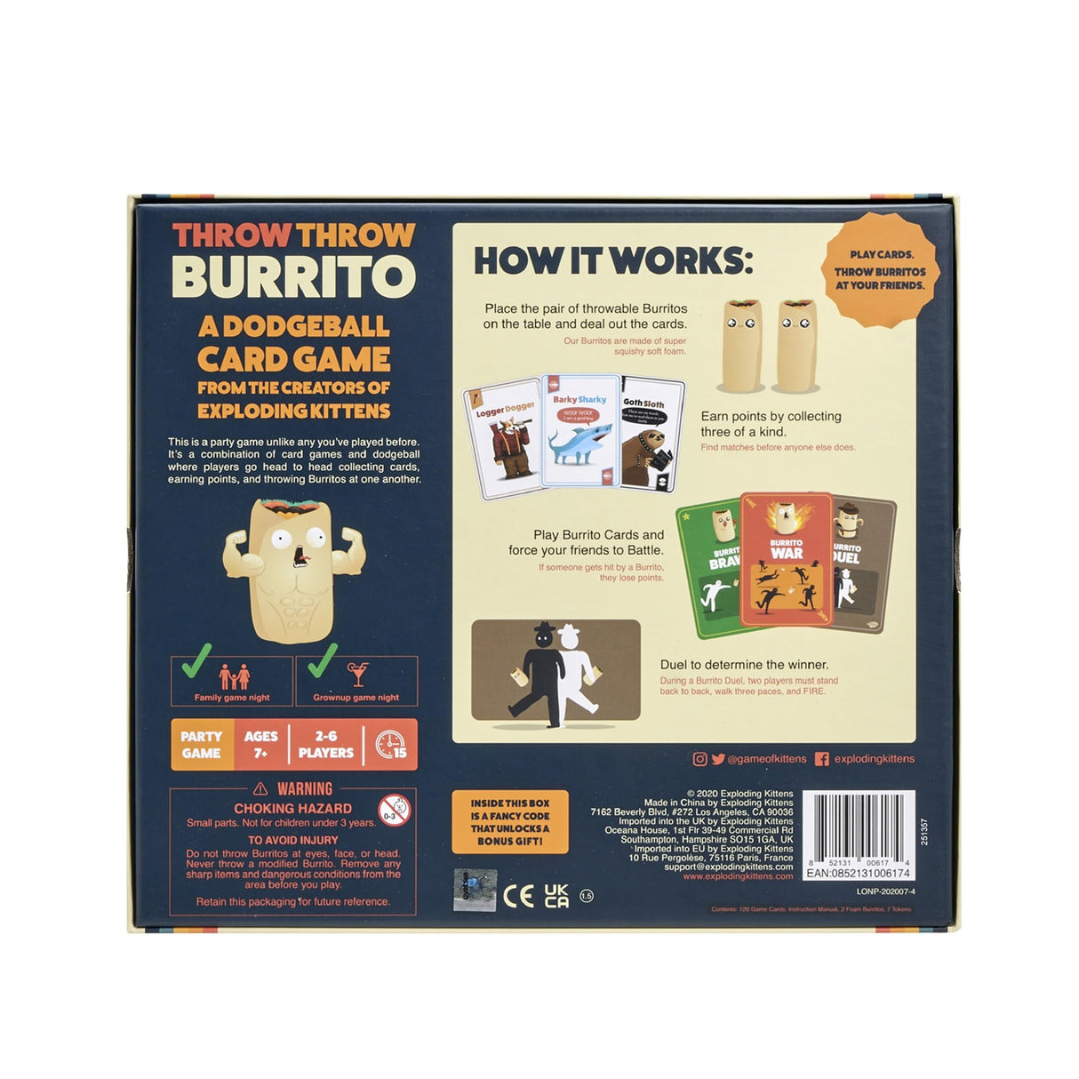 Exploding Kittens Presents Throw Throw Burrito - A Dodgeball Card Game - Family Card Games for Adults, Teens & Kids - 2-6 Players - Ages 7 and Up - 120 Cards