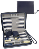 WE Games Backgammon Set, Board Games for Adults - Travel Games - Magnetic with Navy Blue Leatherette Backgammon Board and Carrying Strap - Travel Backgammon Sets for Adults