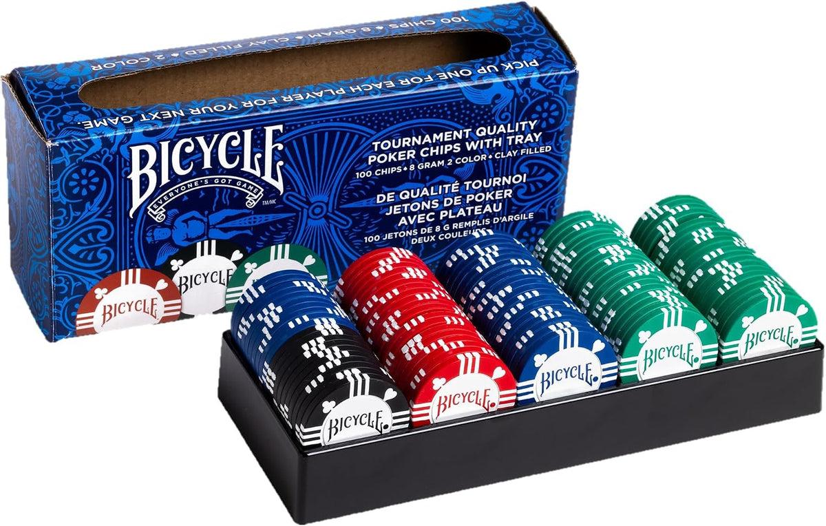 Bicycle 100 poker chips in the included tray with box