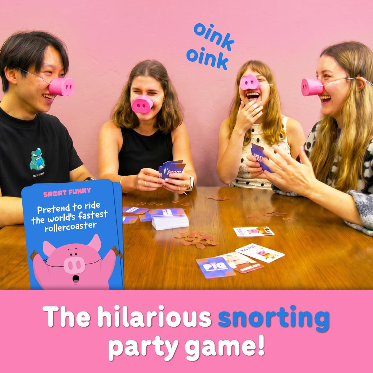 Friends wearing pig snouts and laughing while playing Snort