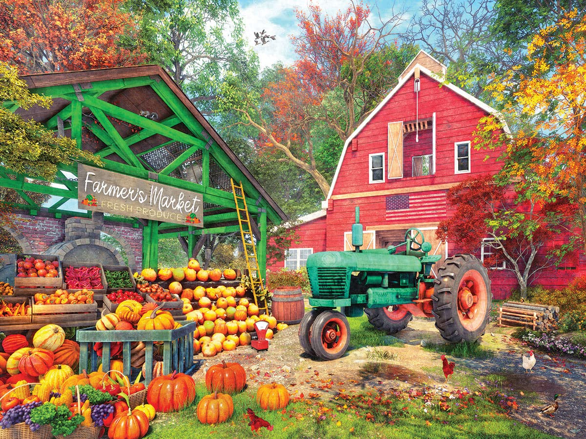 White Mountain - Farmer’s Market, 500 Piece Jigsaw Puzzle, Farm Puzzle, Big Red Barn, Pumpkins