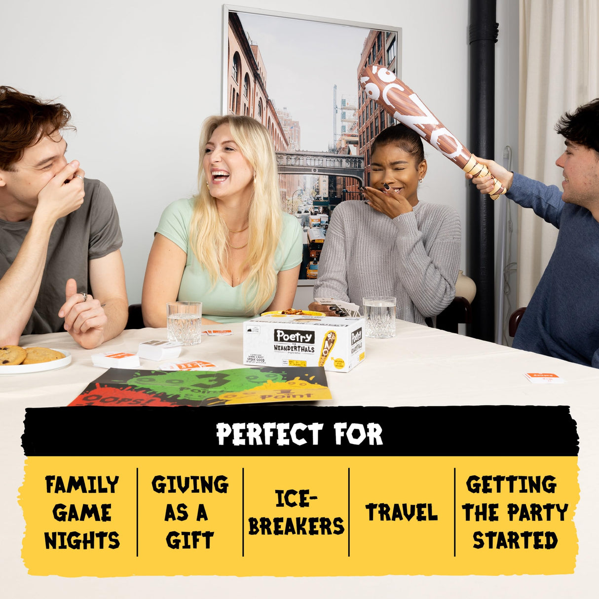 Exploding Kittens Presents Poetry for Neanderthals - Family Card Game for Adults, Teens & Kids - Competitive Word Guessing Family Games, Ages 7 and Up - Includes 200 cards and a 2-foot inflatable club