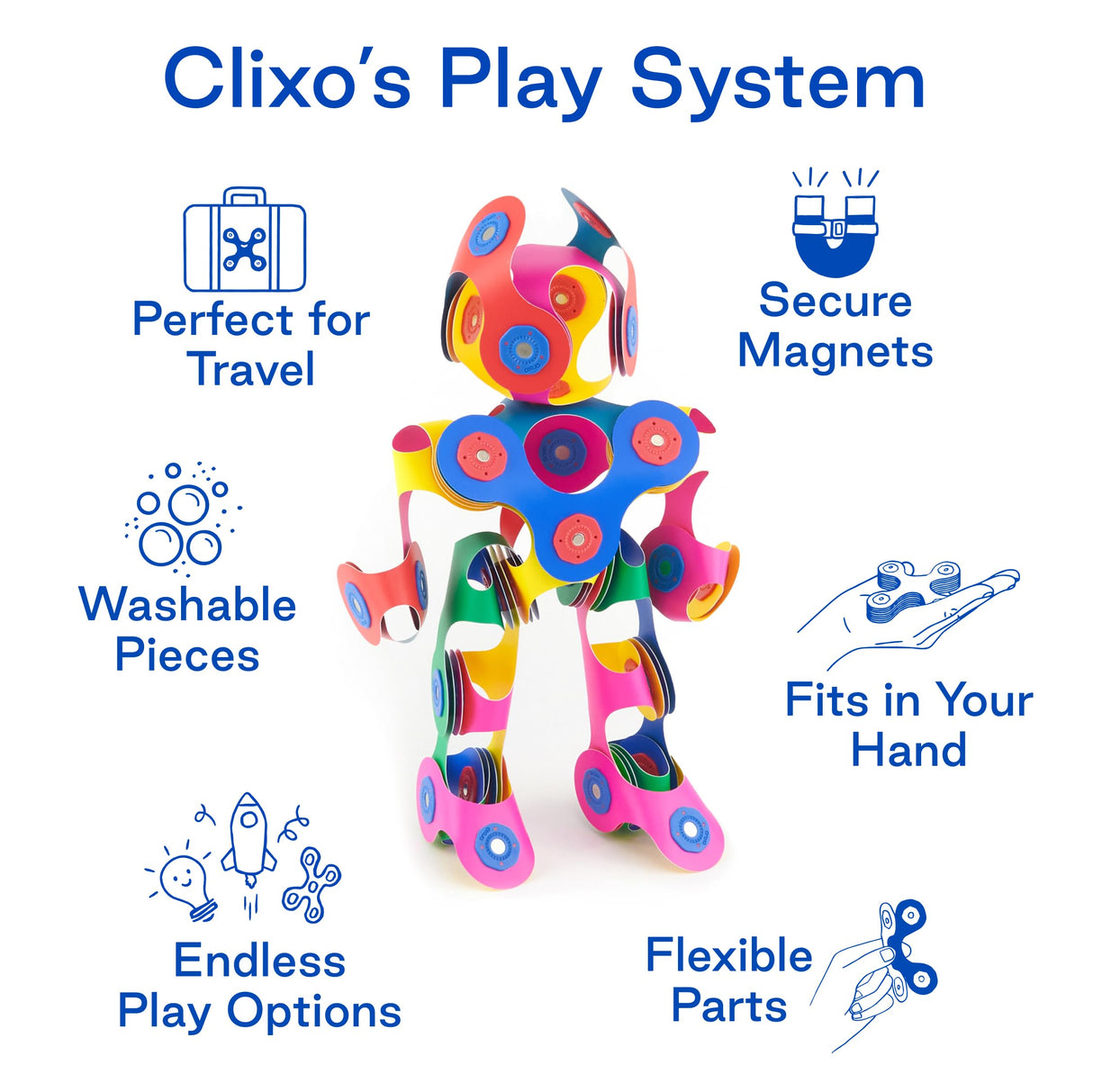 Clixo Rainbow 42 Piece Pack - Flexible, Durable, Imagination-Boosting Magnetic Building Toy- Modern, Modular Designs for Hours of STEM Play. A Multi-Sensory Magnet Toy, Travel Friendly. Ages 4-99