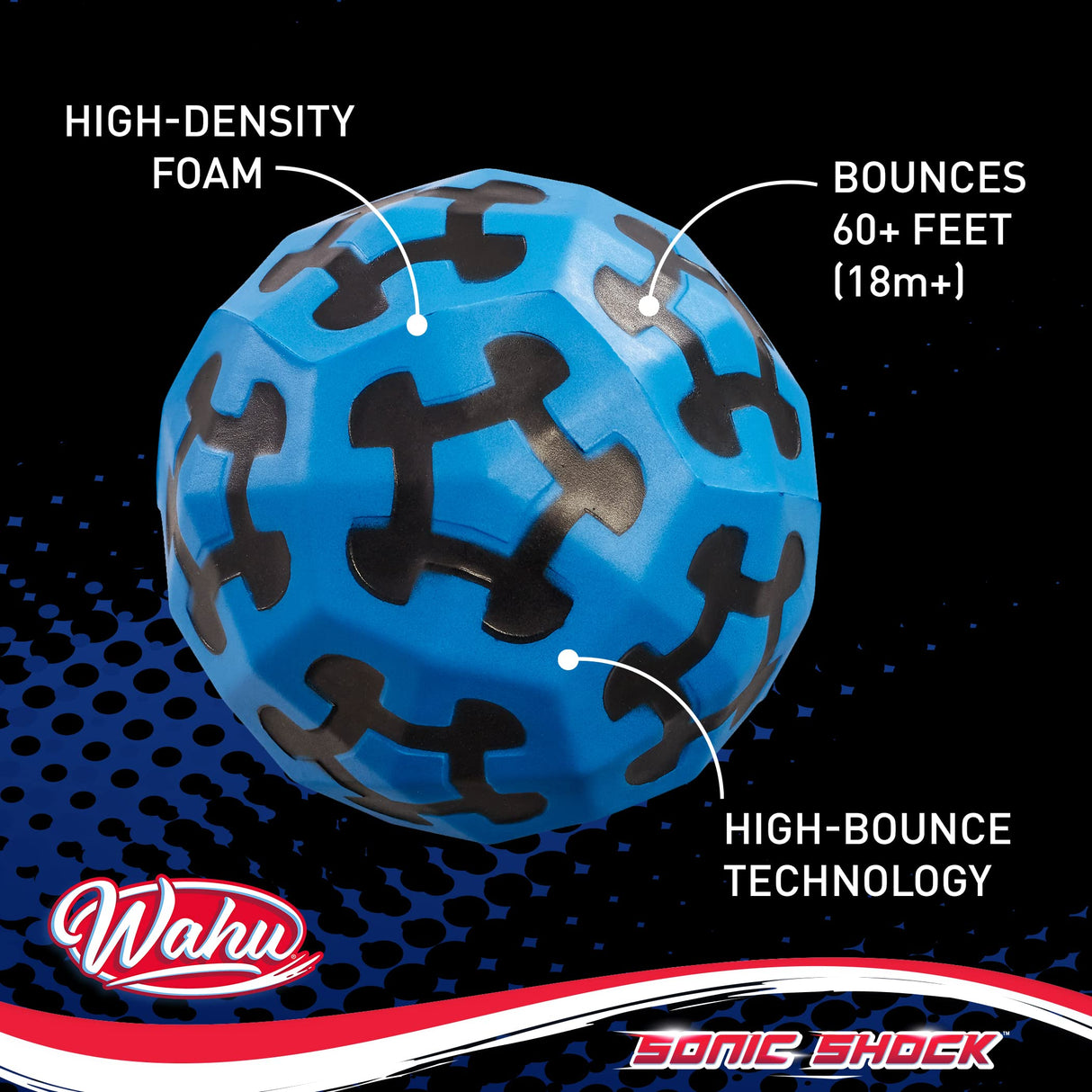 Wahu Sonic Shock Ball, Bounces up to 60' in The Air, 2.7" Ultra-Bounce Foam Outdoor Throw and Catch Ball for Kids Ages 5+, Blue