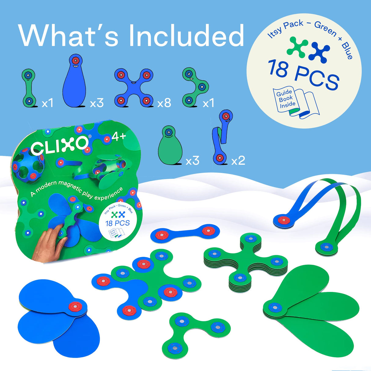 Clixo Itsy Pack Blue/Green - Magnetic Toy for Kids - Flexible, Durable, Imagination-Boosting Magnet Building Toy. Educational Multi-Sensory STEM Experience. Great as a Travel Game. Ages 4-99. 18 Piece Pack