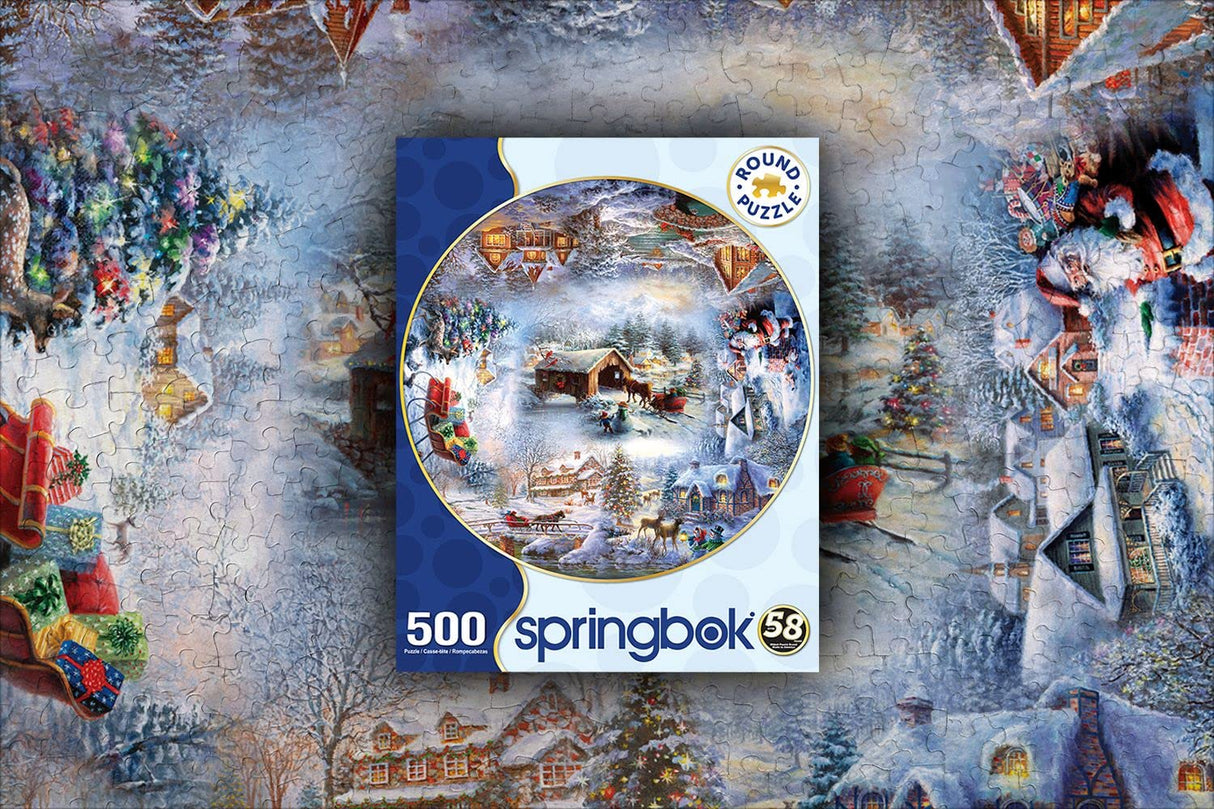 Springbok Winter Wonderland 500 Piece Round Jigsaw Puzzle for Adults and Kids Features a Circle of Illustrations Featuring The Best of Christmas Imagery