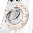 A clear phone case with a circular light pink protective bumper featuring 'coffee please' script and iced coffee illustrations. The bumper includes a silver metallic ring stand in the center.