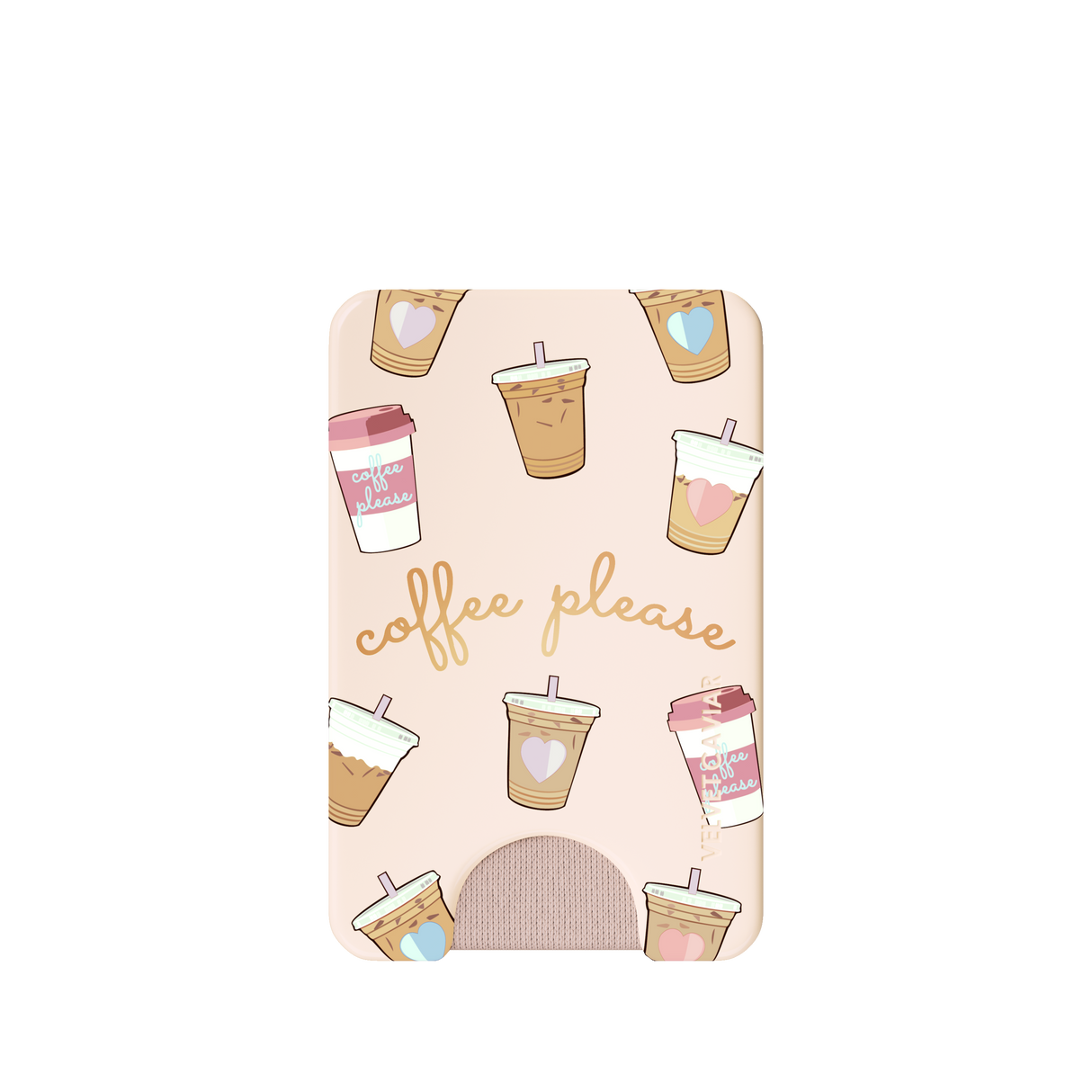 A phone wallet with rounded corners featuring a light pink background, gold 'coffee please' script, and illustrations of various iced coffee cups in brown, pink, and beige tones.