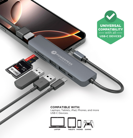 PowerPeak 6 in 1 USB C to HDMI Splitter, 2 USB 3.1, 1 USB-C, 1 Type-C PD charging, 1 MicroSD card slot, 1 SD card slot