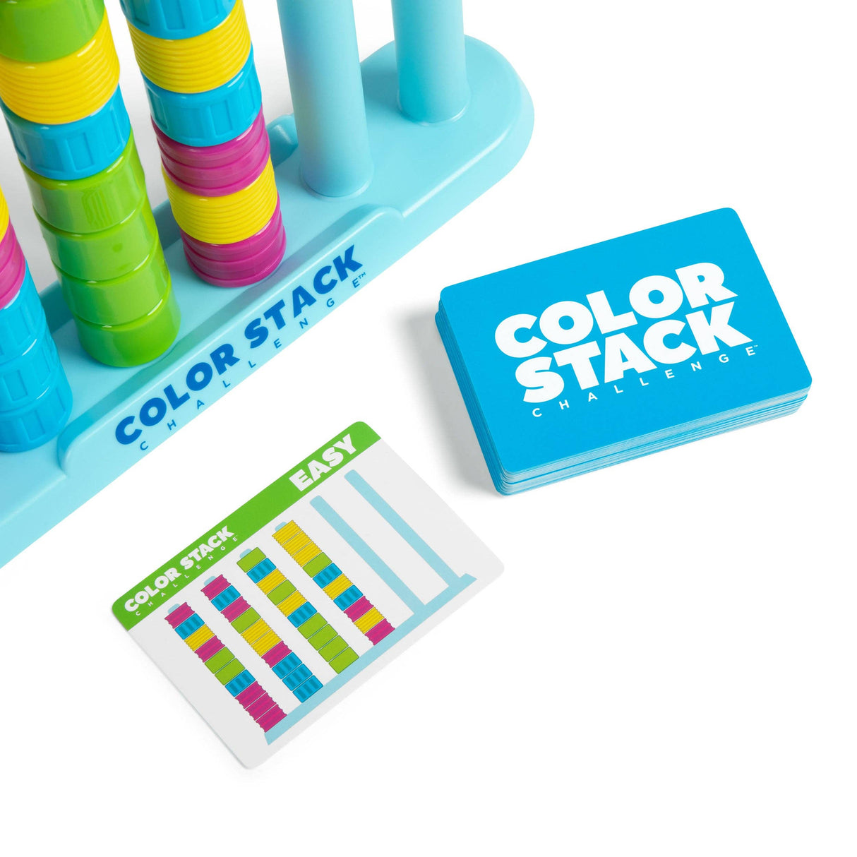 Color Stack toy set with colorful blocks and instruction cards on a white background