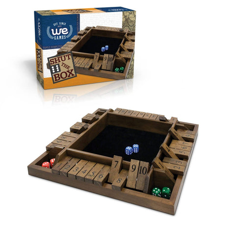 Wooden Shut the Box game with dice and packaging displaying 'we Games' brand.