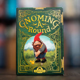 Board game box titled 'Gnoming a Round' with a gnome character on a blurred background