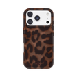 A phone case with a brown and black leopard print pattern, shown on a white smartphone against a plain white background.