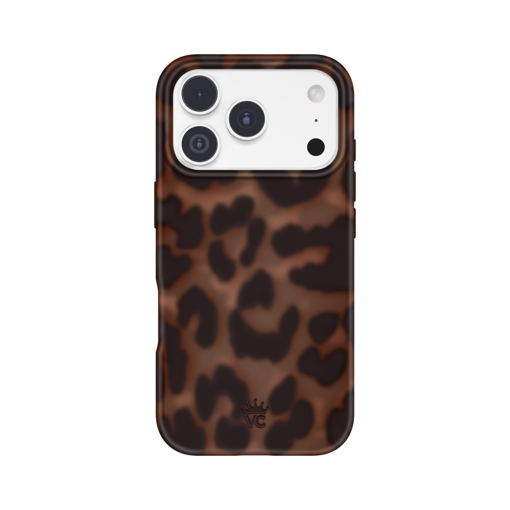 A phone case with a brown and black leopard print pattern, shown on a white smartphone against a plain white background.