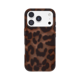 A phone case with a brown and black leopard print pattern, shown on a white smartphone against a plain white background.
