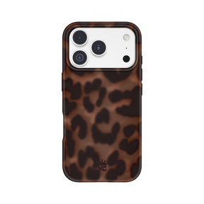 A phone case with a brown and black leopard print pattern, shown on a white smartphone against a plain white background.
