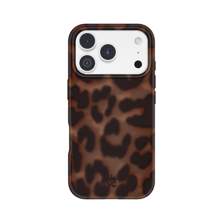 A phone case with a brown and black leopard print pattern, shown on a white smartphone against a plain white background.