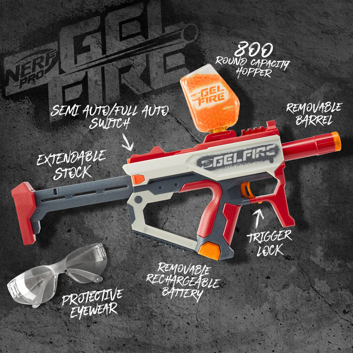 Nerf Pro Gelfire Mythic Full Auto Blaster & 10,000 Gelfire Rounds, 800 Round Hopper, Rechargeable Battery, Eyewear, Ages 14 & Up