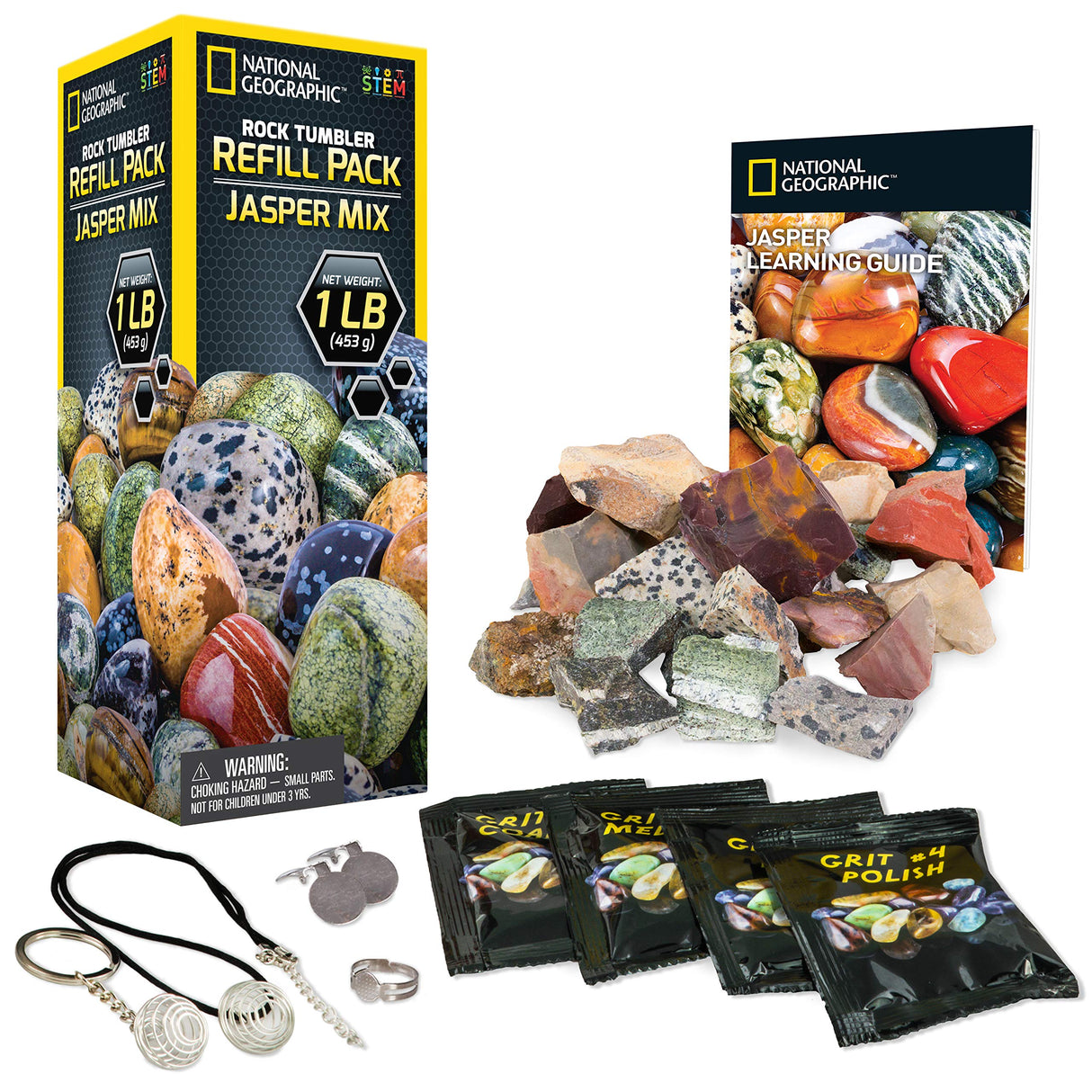 National Geographic Rock Tumbler Refill Kit - 1 Lb. Jasper Rocks for Tumbling - 8 Varieties Including Mookaite and Kabamba - Rock Tumbler Supplies Include Rock Tumbler Grit and Jewelry Accessories