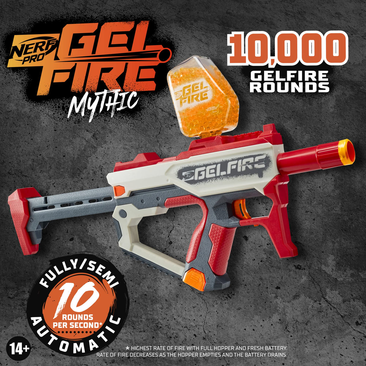 Nerf Pro Gelfire Mythic Full Auto Blaster & 10,000 Gelfire Rounds, 800 Round Hopper, Rechargeable Battery, Eyewear, Ages 14 & Up