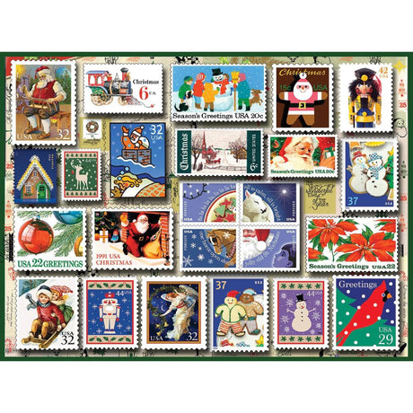 White Mountain Holiday Stamps Christmas Puzzles 500 Piece Collage Winter Jigsaw Puzzle for Adults and Family