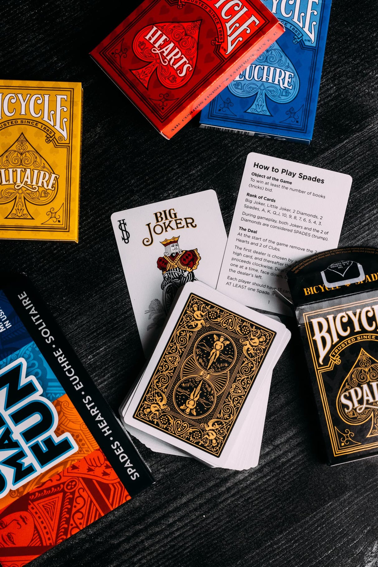 Bicycle 4 Playing Card Games in 1: Euchre, Hearts, Spades, and Solitaire (4 Card Game Pack)