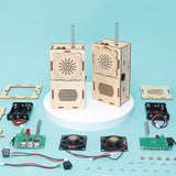 Wooden radio model kit with electronic components on a blue background