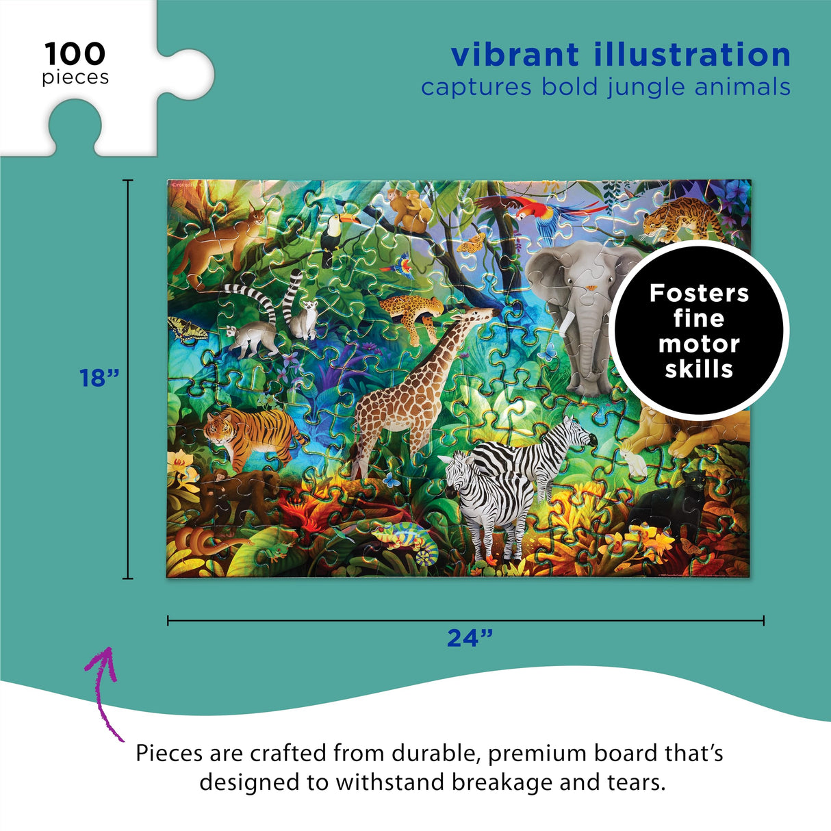 Crocodile Creek Holographic Foil Puzzle, 100 Piece Puzzle for Ages 5 Years with Heavy Duty Storage Box, 24 x 18 in, Jungle Paradise