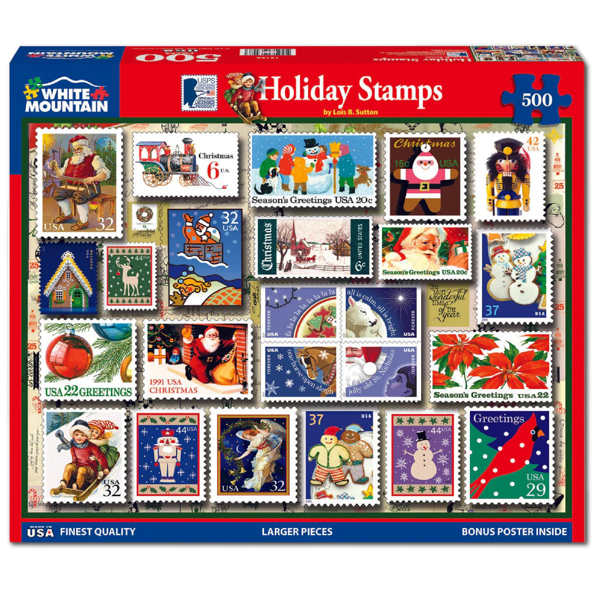 White Mountain Holiday Stamps Christmas Puzzles 500 Piece Collage Winter Jigsaw Puzzle for Adults and Family