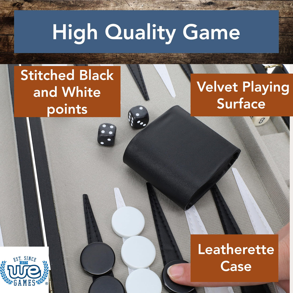 WE Games Backgammon Set, Black Leatherette Case, 14.75 x 9.75 in. Closed; 19.25 x 14.75 in. Open, Family Board Games, Board Games for Adults and Family, Travel Board Games, 2 Player Games