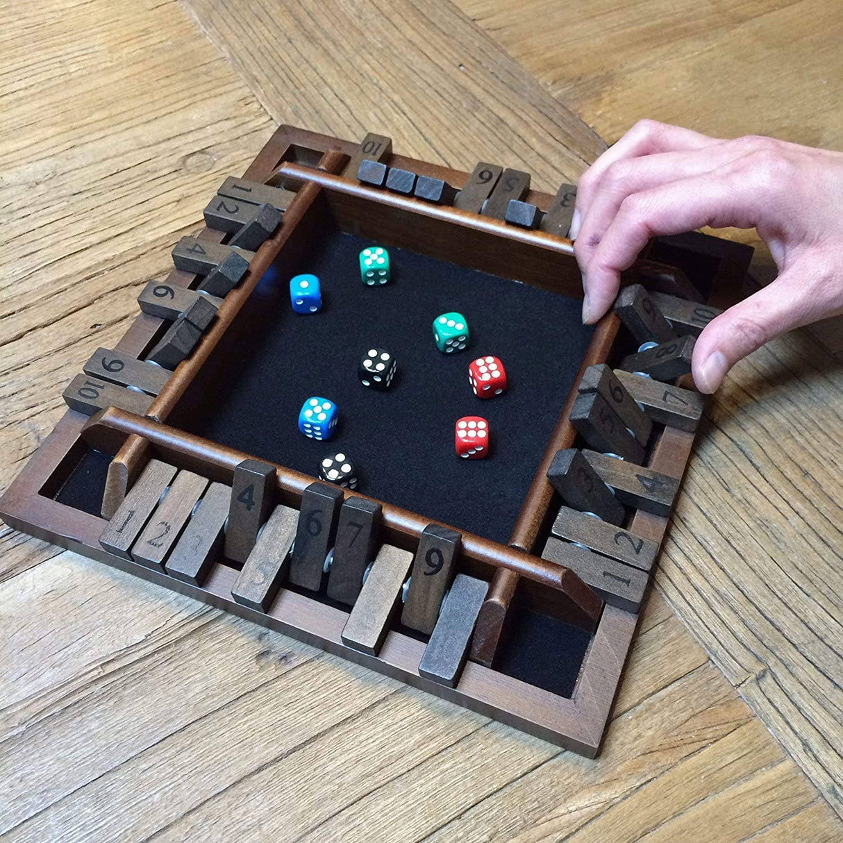Wood Expressions - 4 Player Shut The Box dice Game – 8 inches – Travel Size