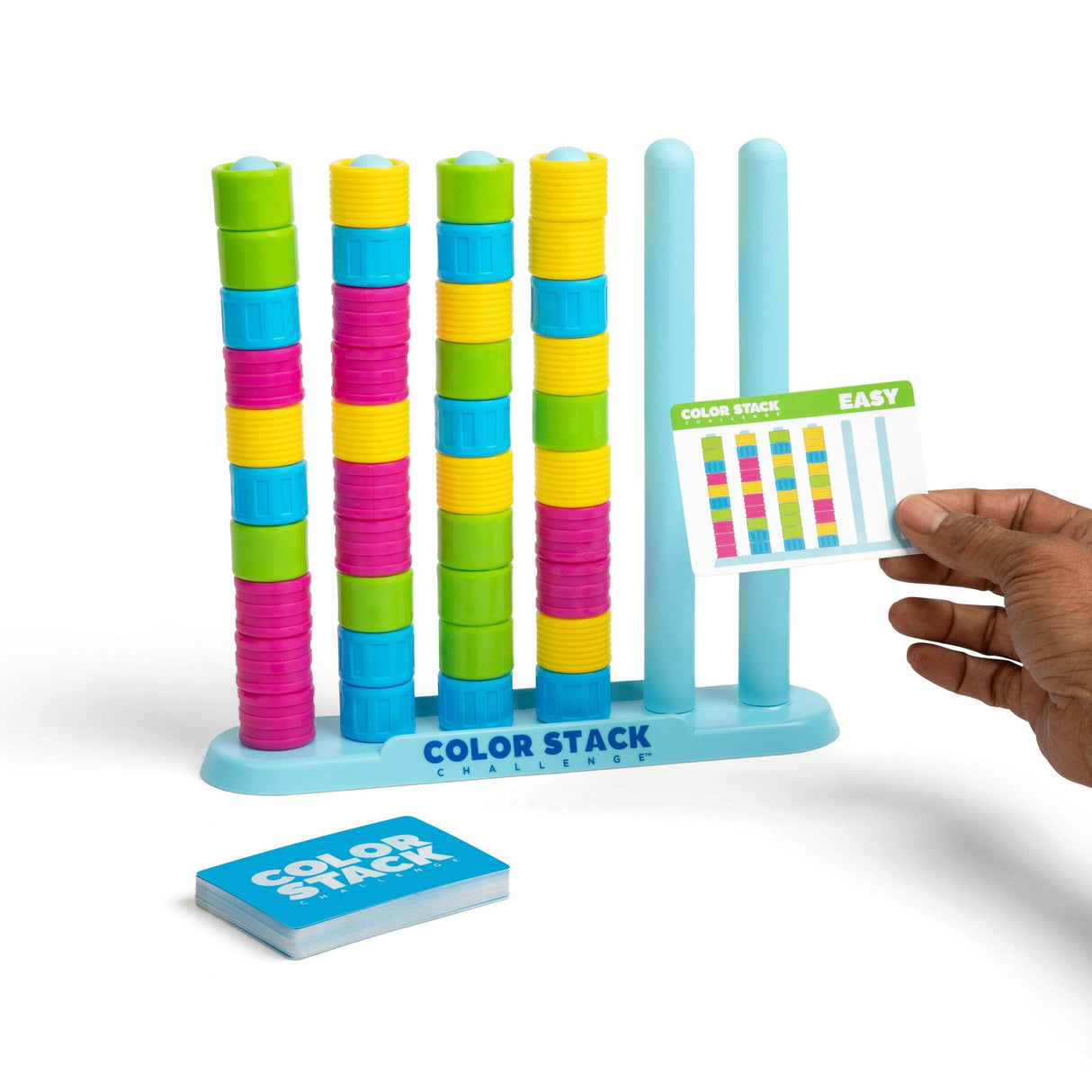 Color Stack game with colorful blocks and a hand holding a card on a white background