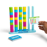 Color Stack game with colorful blocks and a hand holding a card on a white background
