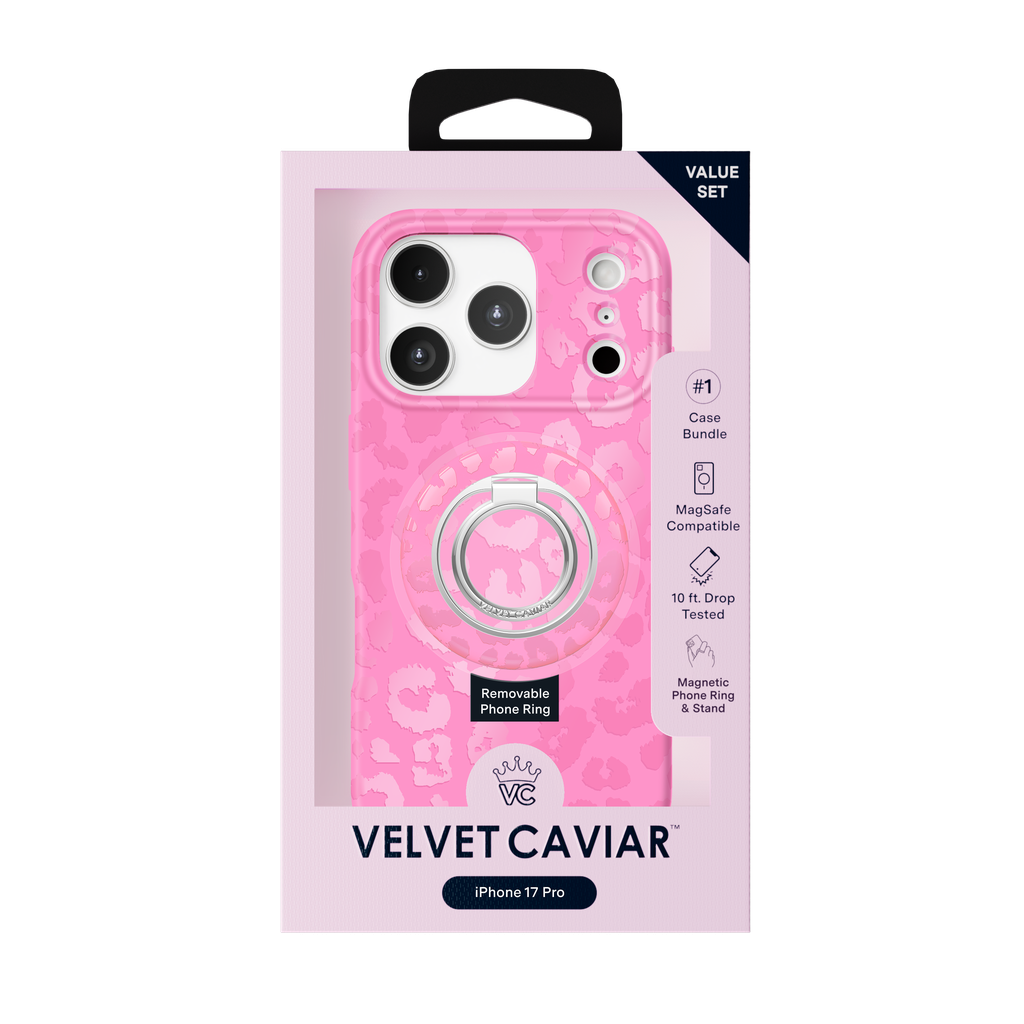 Pink phone case bundle in retail packaging for iPhone 17 Pro, featuring a pink patterned case with a built-in ring and a removable ring, branded Velvet Caviar.
