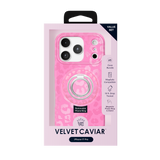 Pink phone case bundle in retail packaging for iPhone 17 Pro, featuring a pink patterned case with a built-in ring and a removable ring, branded Velvet Caviar.
