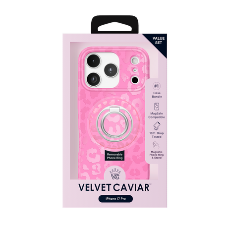 Pink phone case bundle in retail packaging for iPhone 17 Pro, featuring a pink patterned case with a built-in ring and a removable ring, branded Velvet Caviar.