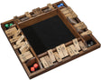 Wooden dice tray with numbered compartments and dice on a white background