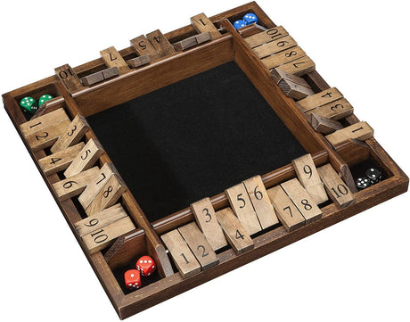 Wooden dice tray with numbered compartments and dice on a white background