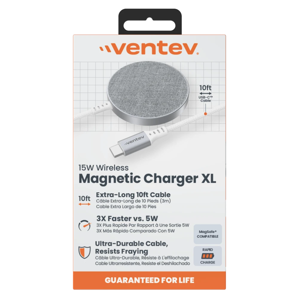 Ventev - 10ft Alloy 15W Wireless Magnetic Charger - Silver