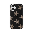 A black phone case with a pattern of large beige leopard-print stars, shown on a plain white background.