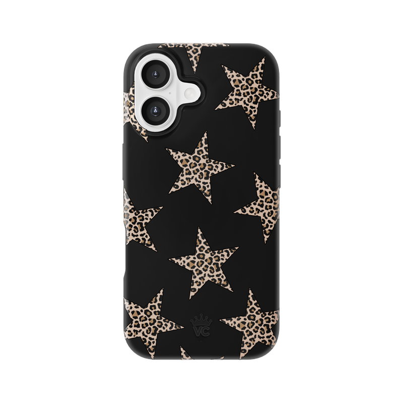 A black phone case with a pattern of large beige leopard-print stars, shown on a plain white background.