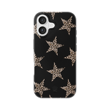 A black phone case with a pattern of large beige leopard-print stars, shown on a plain white background.