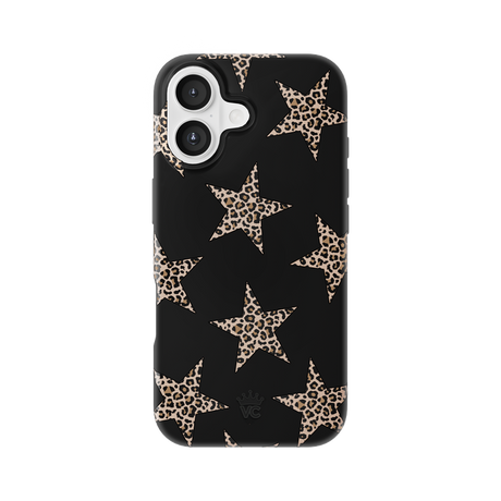 A black phone case with a pattern of large beige leopard-print stars, shown on a plain white background.