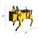 Yellow and black robot dog with dimensions indicated on a white background